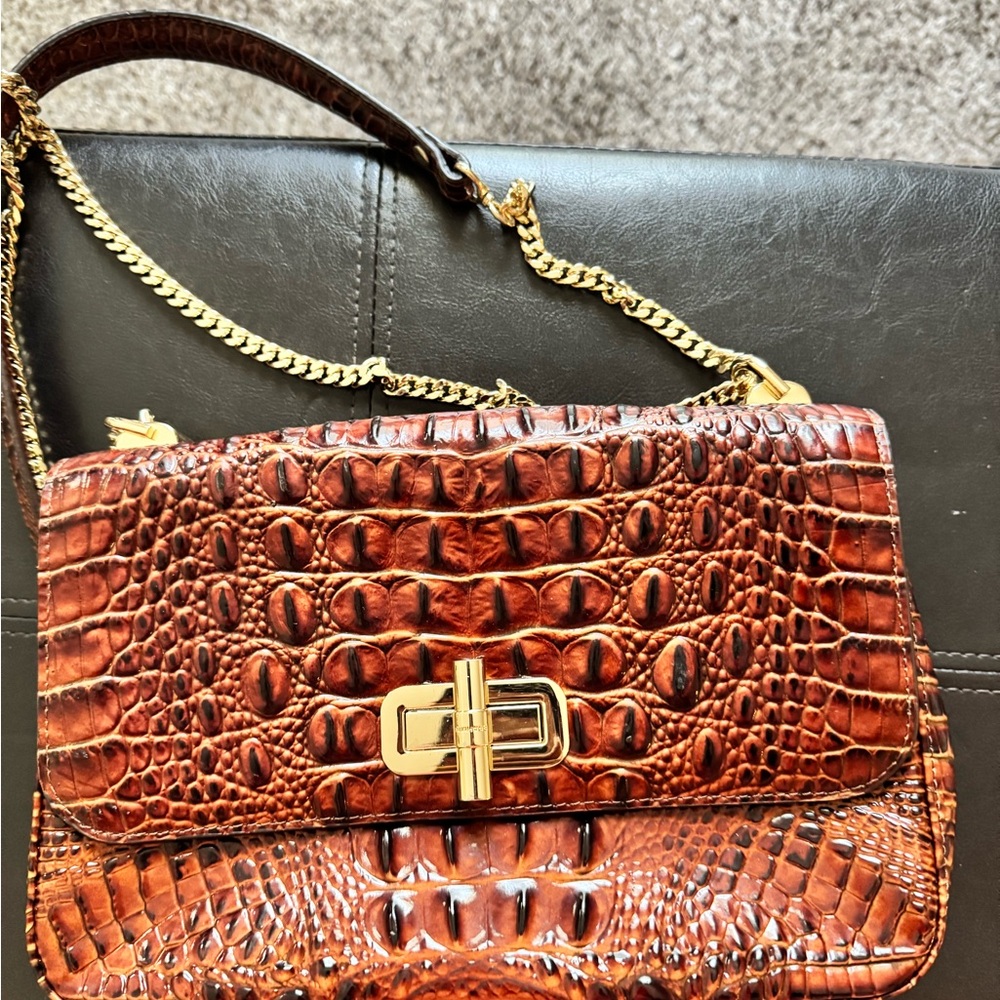 Brahmin Brown and Gold Crocodile Textured Shoulder Bag